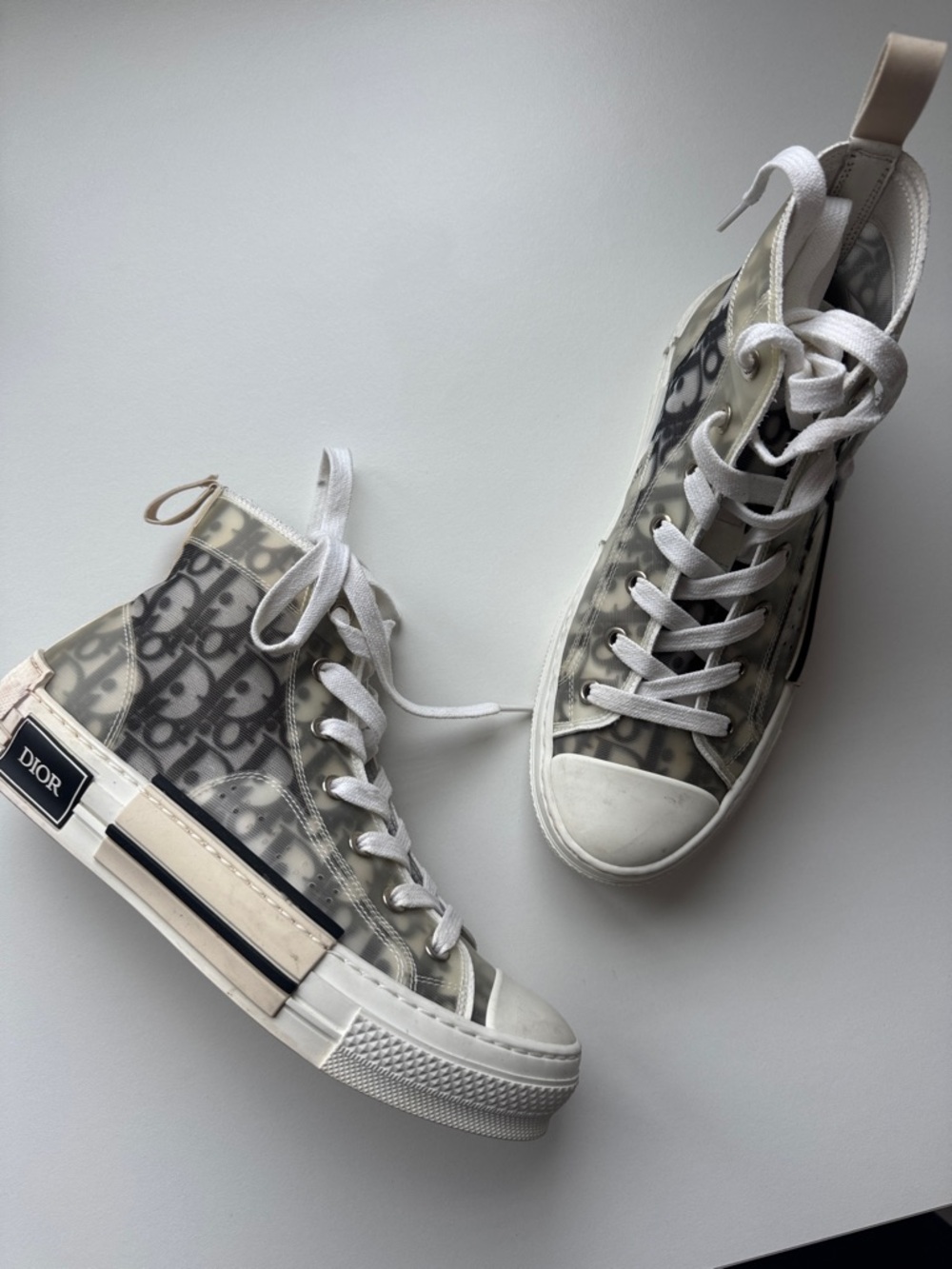 Dior High-Top Sneakers in White and Cream with Transparent Monogram
